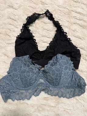 Victoria's Secret PINK Lot of 2 Black M & Slate Blue S Lace Halter Bralette